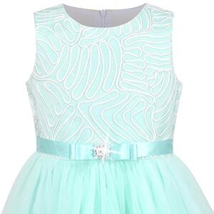 Girl’s Teal Satin Tulle Belted Dress Flower Girl Birthday Frock